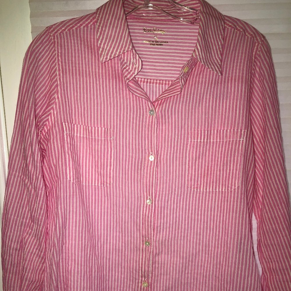 Lilly Pulitzer button down sheer pink striped blouse S PERFECT